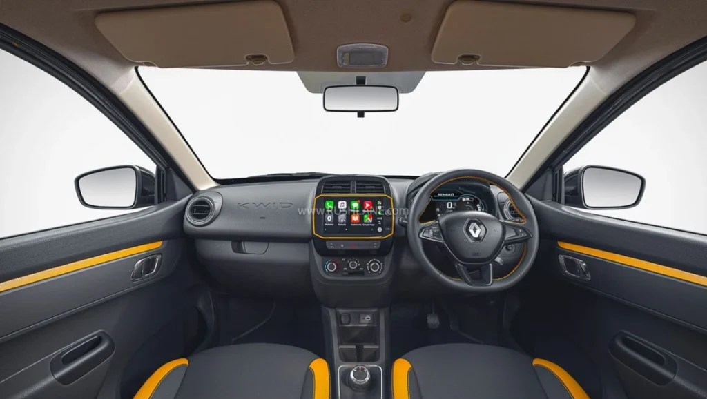 Renault Kwid 10th Anniversary Edition interior with yellow accents and leatherette steering