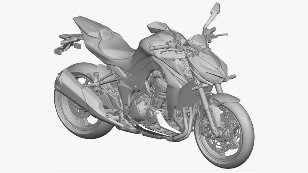 2026 Kawasaki Z1100 design illustration with updated lower fairing and 1099cc engine details