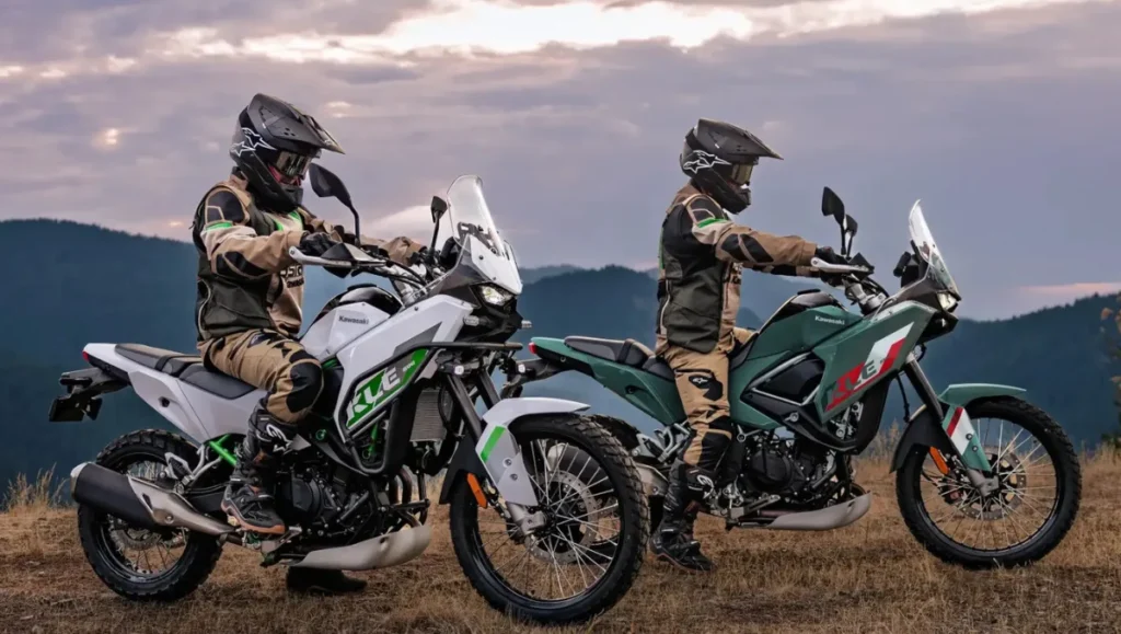 Two riders on 2026 Kawasaki KLE500 adventure bikes riding across open trails