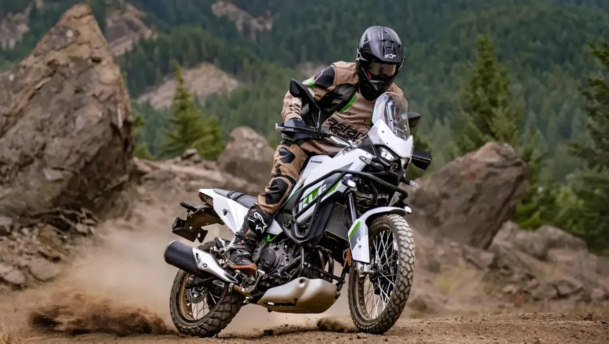 2026 Kawasaki KLE500 Pearl Blizzard White adventure bike with exploring rugged terrain