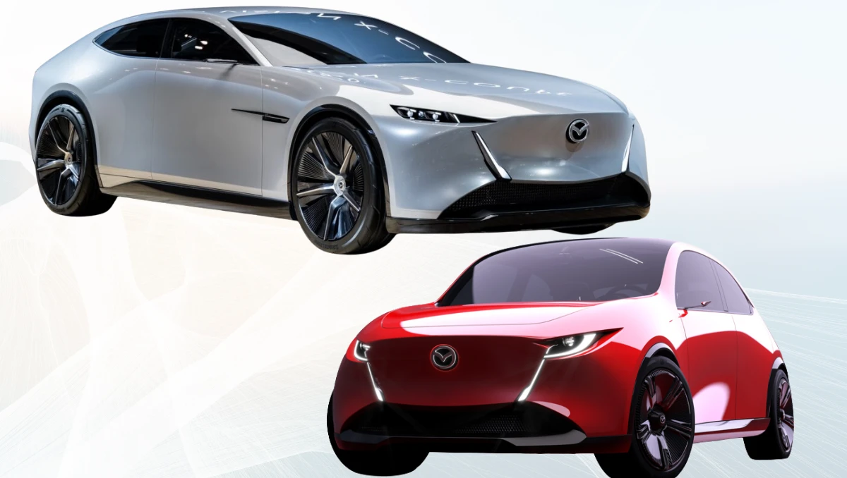 Mazda Vision X-Coupe and Vision X-Compact together showcasing Mazda’s 2035 mobility vision