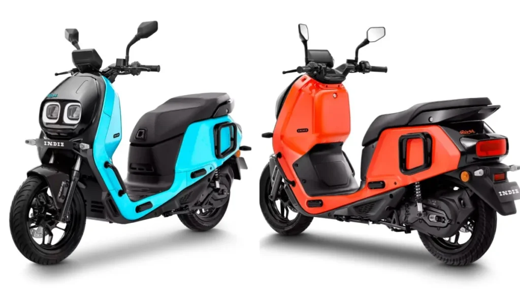 River Indie Gen 3 electric scooter in dual-tone blue and orange colors