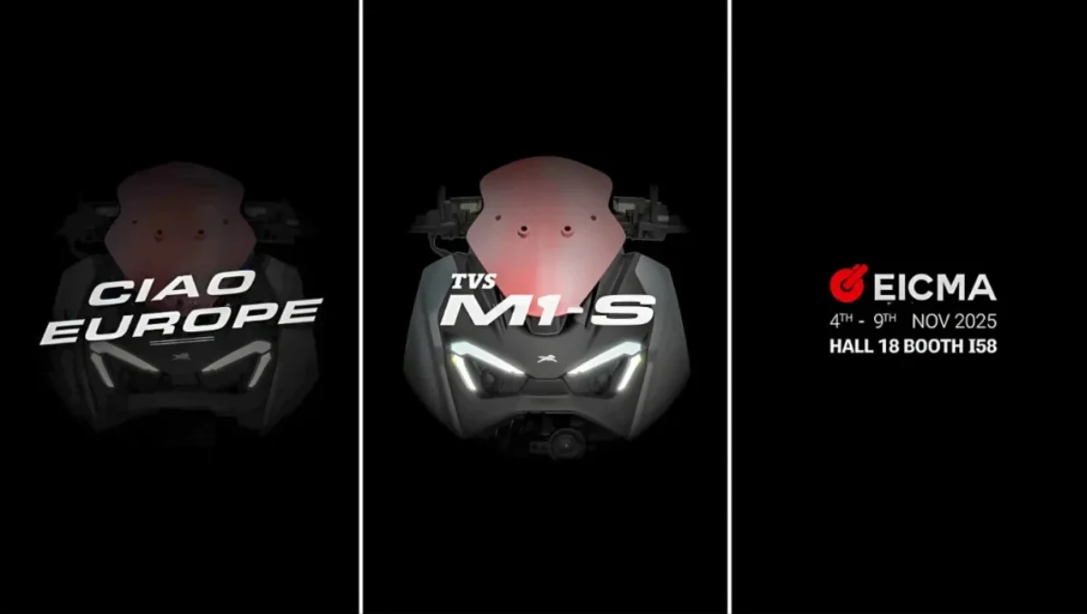 Front three-quarter view of the 2026 TVS M1-S Electric Maxi-Scooter showcasing its premium design and LED headlamp