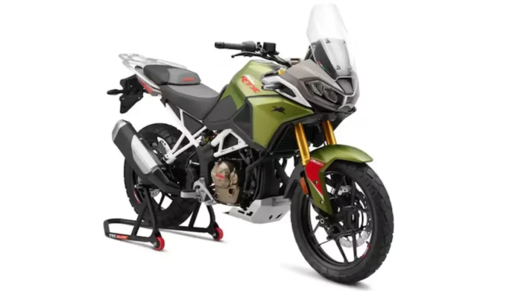 Front view of TVS Apache RTX 300 adventure tourer motorcycle with LED headlamps