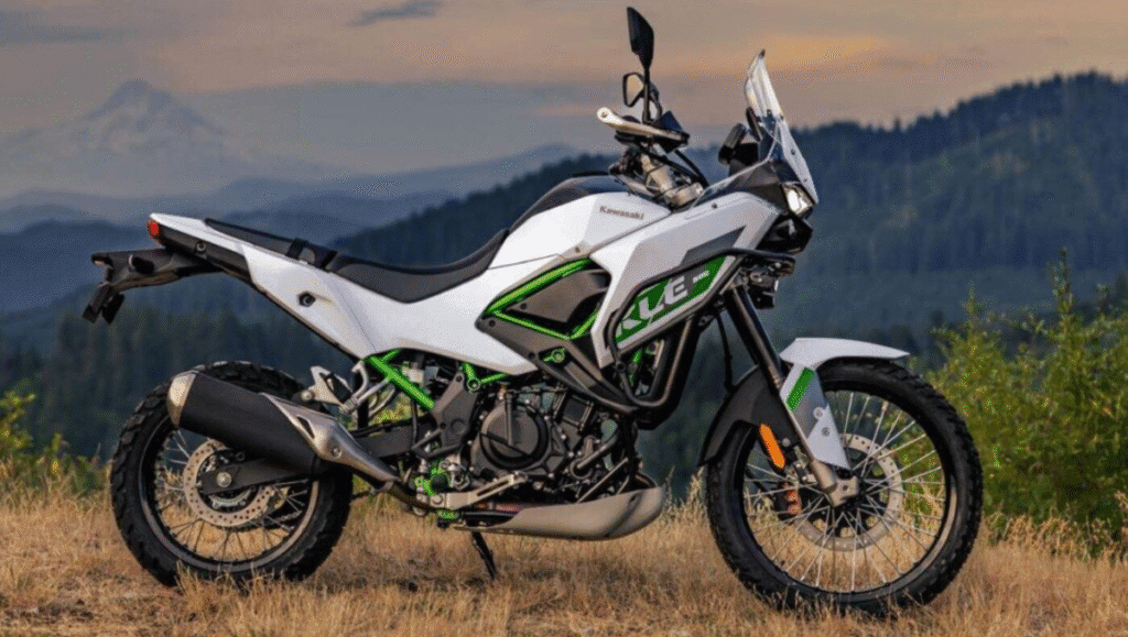 Side profile of 2026 Kawasaki KLE500 in Pearl Blizzard White showing design and build