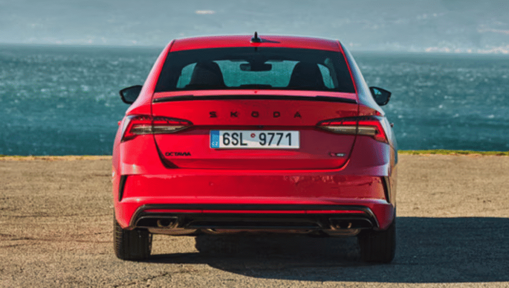 Skoda Octavia RS 2025 rear profile with LED taillamps and twin exhaust