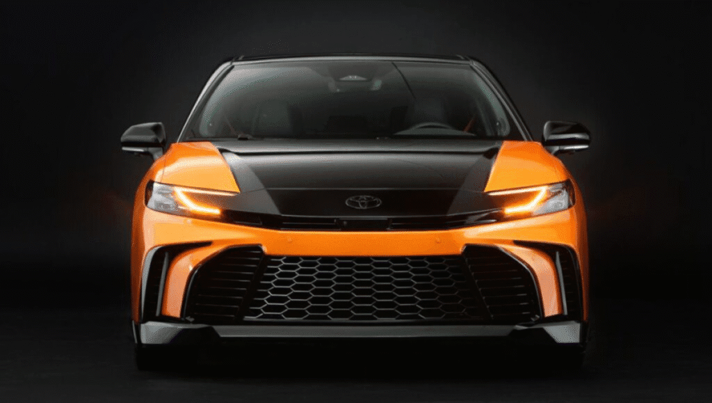 Front view of 2025 Toyota Camry GT-S Concept featuring bold grille and sporty front splitter