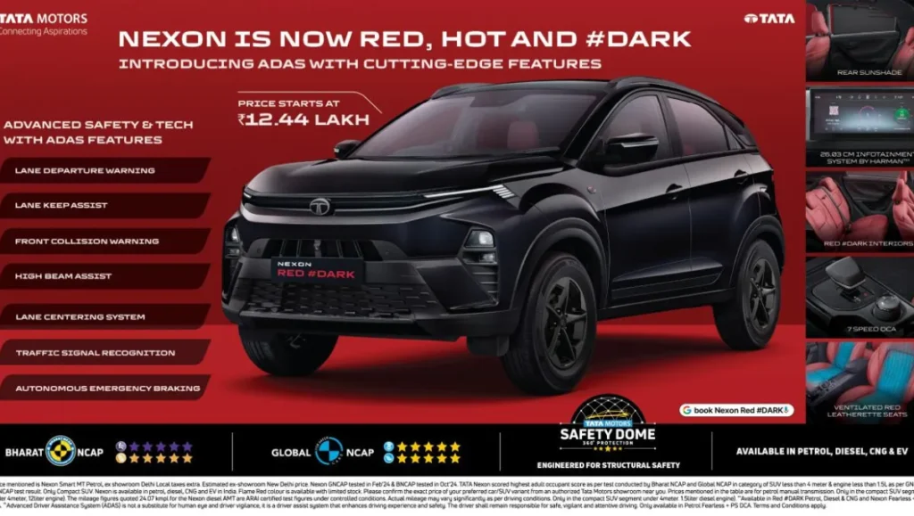 2025 Tata Nexon ADAS dashboard showing Lane Keep Assist, Forward Collision Warning, and Traffic Sign Recognition