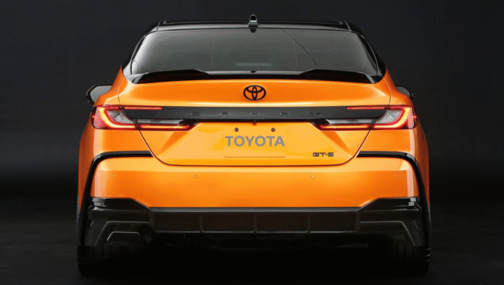 Rear view of 2025 Toyota Camry GT-S Concept showcasing spoiler, diffuser, and performance exhaust