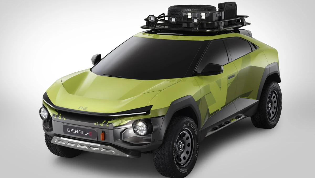 Mahindra BE 6 Rall-E Electric SUV front view with futuristic design and off-road styling