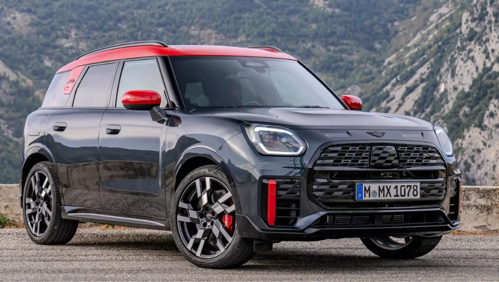 Mini Countryman John Cooper Works (JCW) All4 front view showing sporty red accents and performance styling