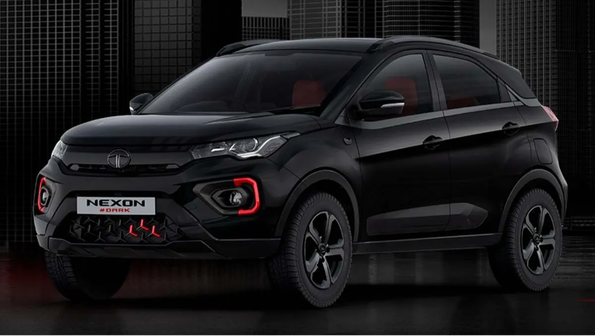2025 Tata Nexon ADAS exterior in Red Dark Edition showing sporty design and Atlas Black highlights