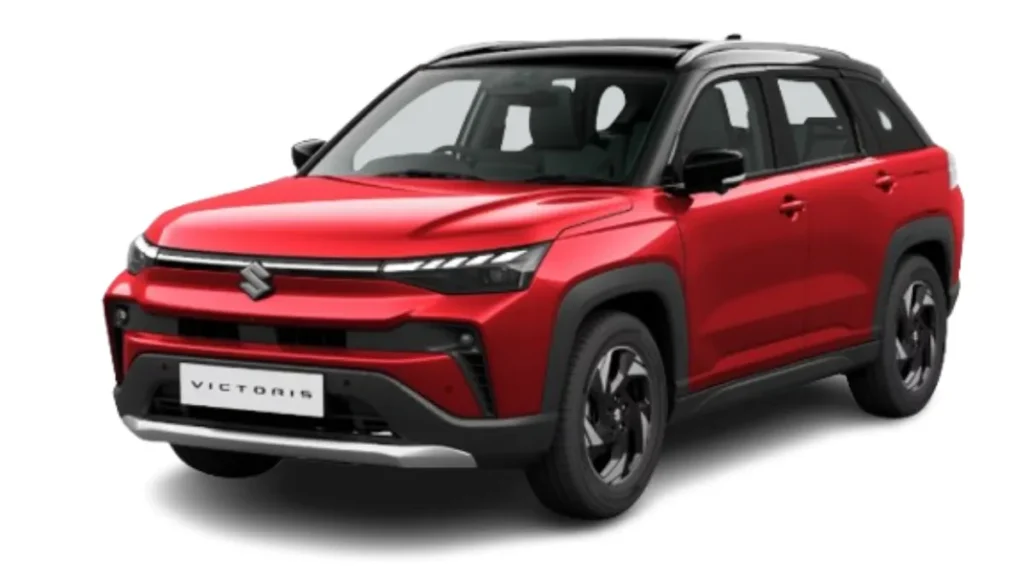 Maruti Victoris red color variant with LED lights and sporty styling