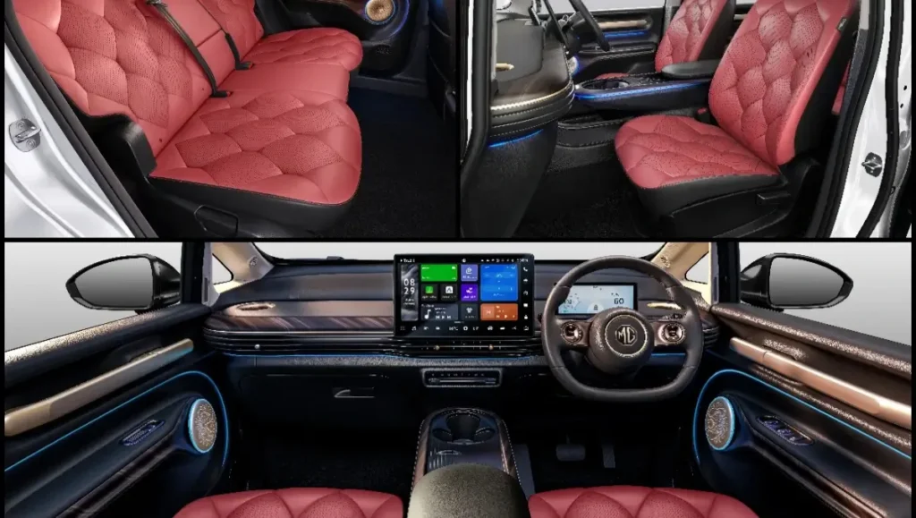 MG Windsor Inspire Edition interior with dual-tone Sangria Red and Black leatherette upholstery and Inspire embroidery