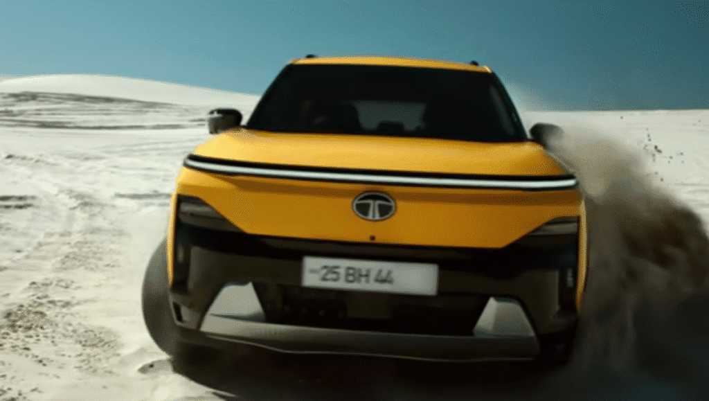 Tata Sierra Fully Revealed front view showcasing grille, LED DRLs, and bold SUV presence