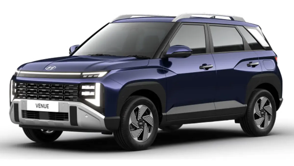2025 Hyundai Venue front view in blue showcasing updated LED headlights and modern grille design