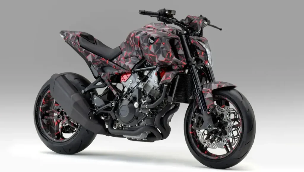 Honda V3R 900 Prototype front three-quarter view showcasing futuristic V3 engine and geometric camo design