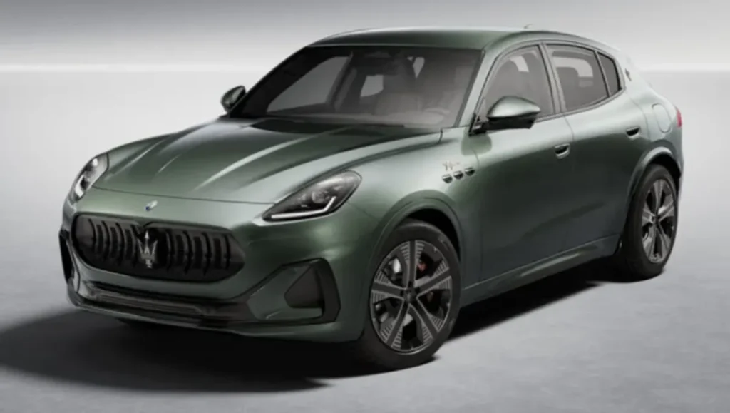 Maserati Grecale Folgore front view showcasing sleek design and LED headlights