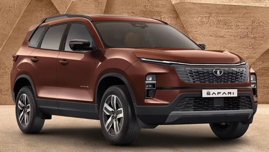 Tata Safari new model front angle in brown with updated grille and LED lighting