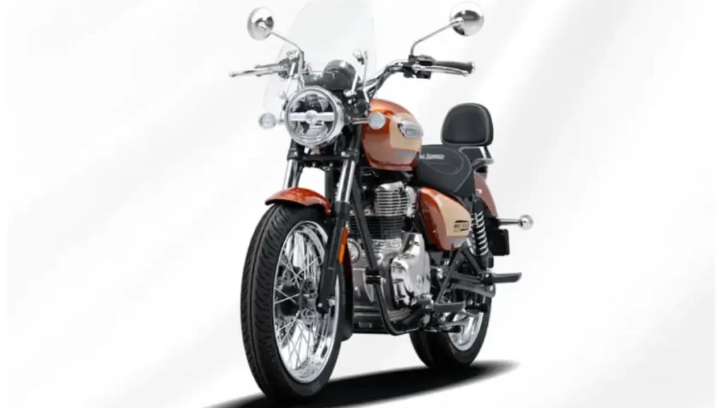 Royal Enfield Meteor 350 Sundowner Orange Launched front view with windscreen and chrome details