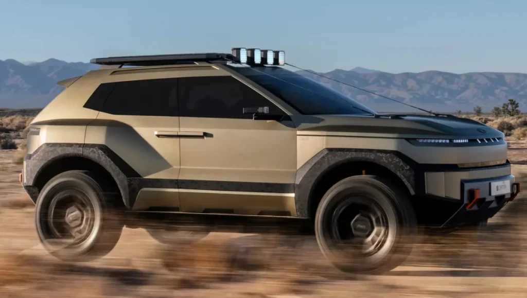 Hyundai CRATER Concept breaks cover side profile off road SUV driving through desert terrain