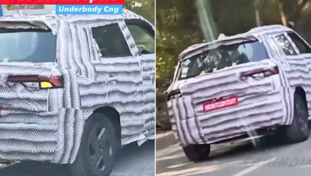 Rear and side view of 2026 Maruti Brezza facelift prototype with underbody CNG setup during road testing