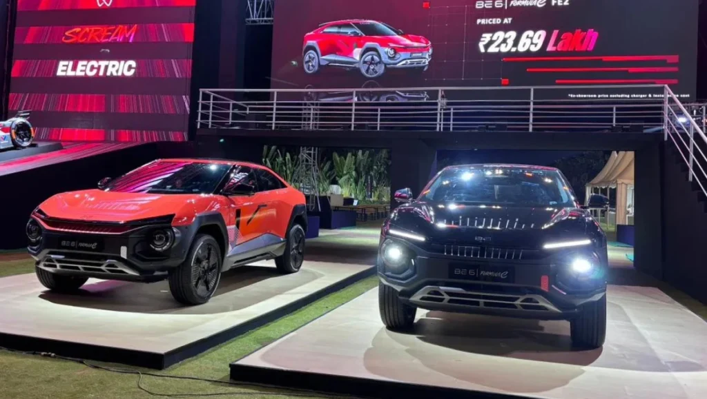 Mahindra BE 6 Formula E Edition launched, event live display with red and black electric SUV on stage