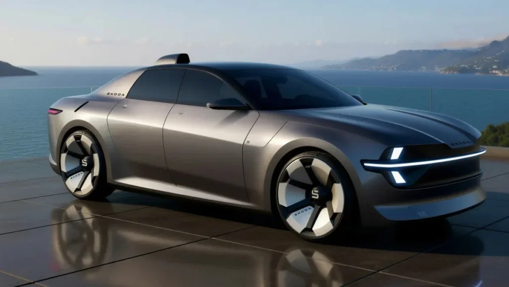 Skoda 100 Concept Unveiled electric sedan shown in a modern coastal setting