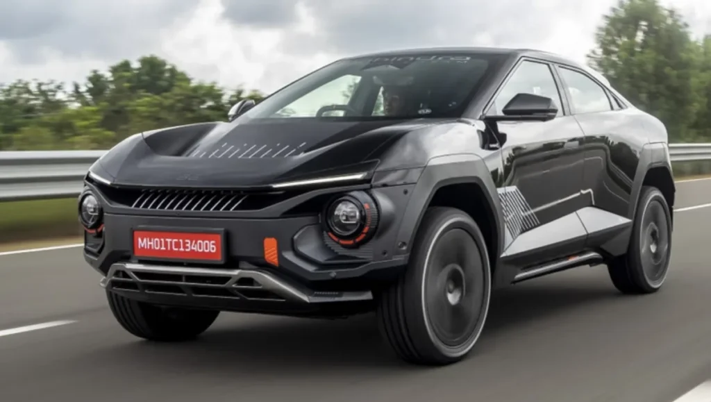 Mahindra BE 6 Formula E Edition rear three quarter view on road