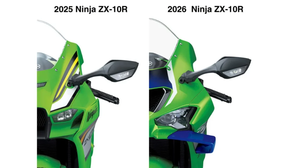 2025 vs 2026 Kawasaki Ninja ZX-10R front design comparison showing new aerodynamic updates and headlight redesign