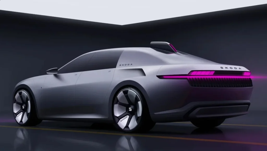Skoda 100 Concept Unveiled rear three-quarter view featuring pink LED tail light design