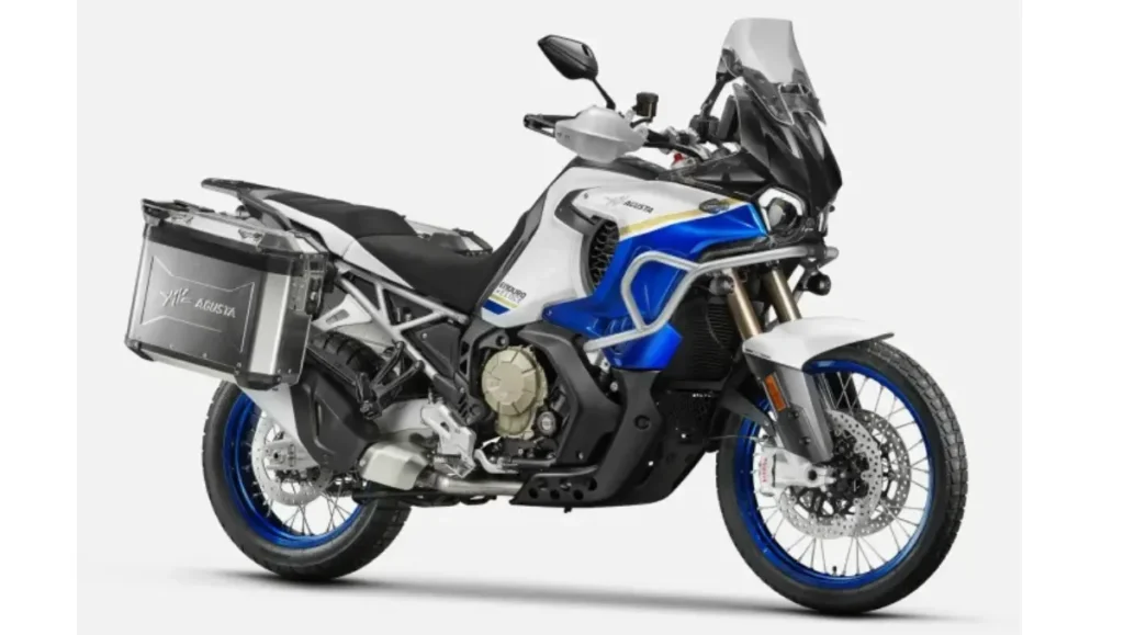 Updated MV Agusta Enduro Veloce 2026 in white and blue color with panniers and advanced design