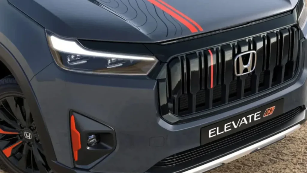 Front grille of Honda Elevate ADV Edition with orange highlights and bold styling
