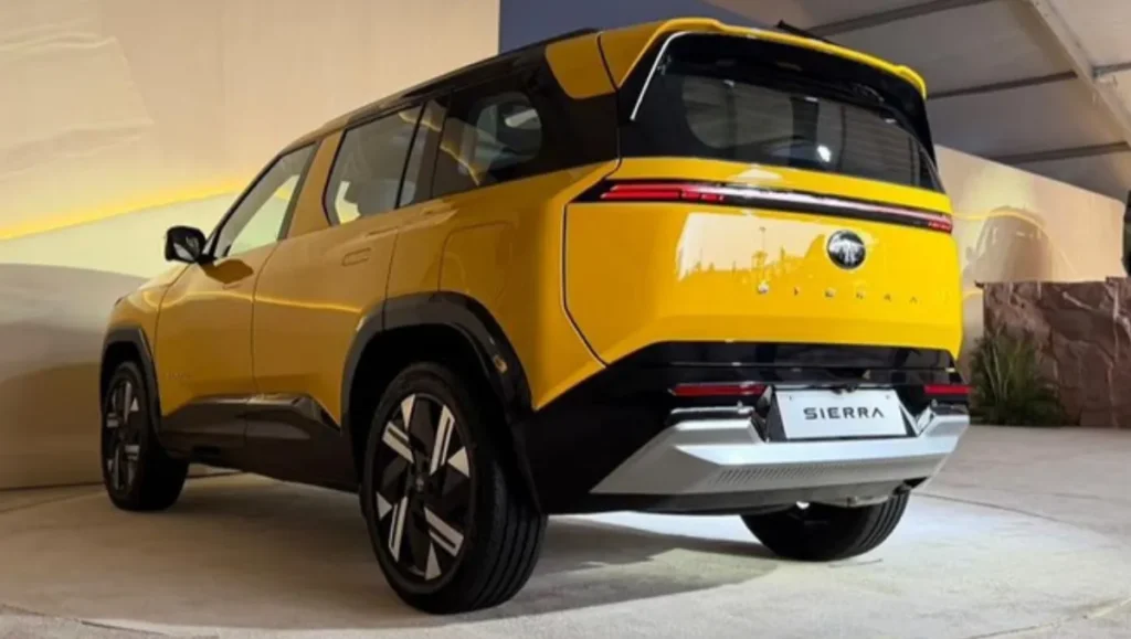 Tata Sierra officially unveiled rear three quarter view showcasing wraparound glass and LED tail lamps
