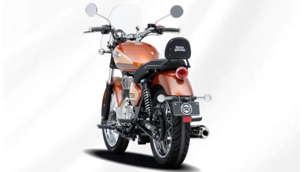 Royal Enfield Meteor 350 Sundowner Orange Launched rear view with backrest and tail lamp