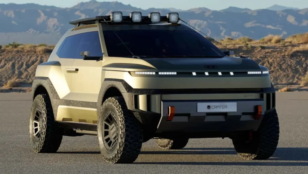 Hyundai CRATER Concept breaks cover rugged off road SUV front view with roof lights and all terrain tyres