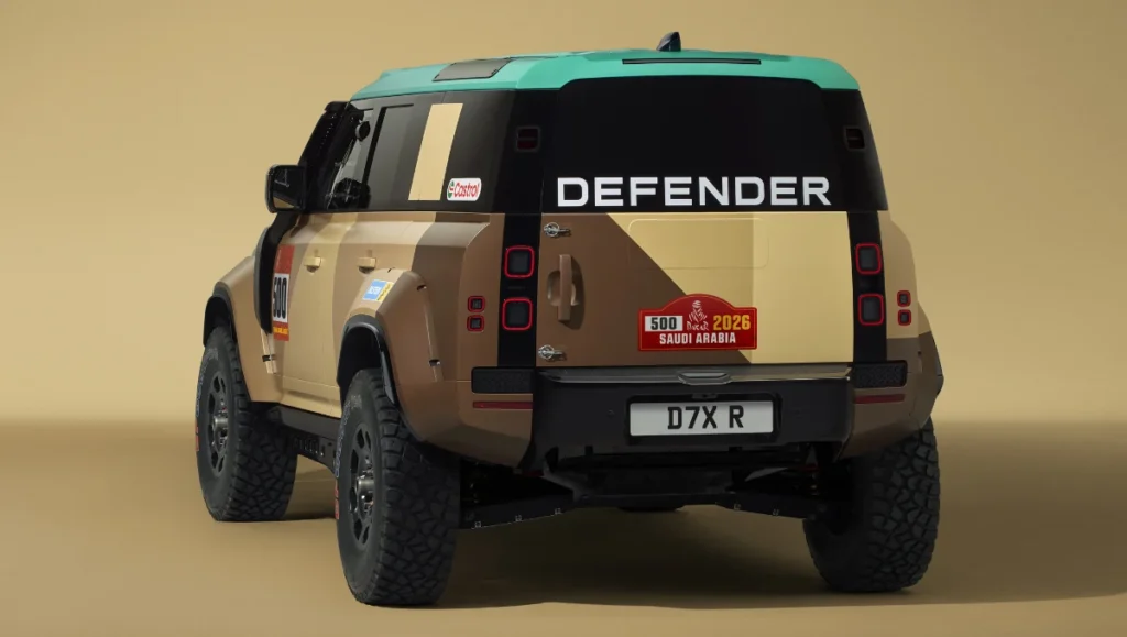 Land Rover Unveiled Dakar Rally Defender rear three quarter angle showing race livery and Dakar 2026 details