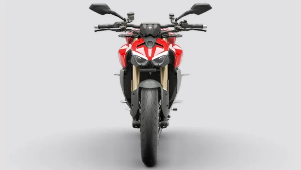 Front view of 2025 Ducati Streetfighter V2 Launched in India showing headlamp and forks