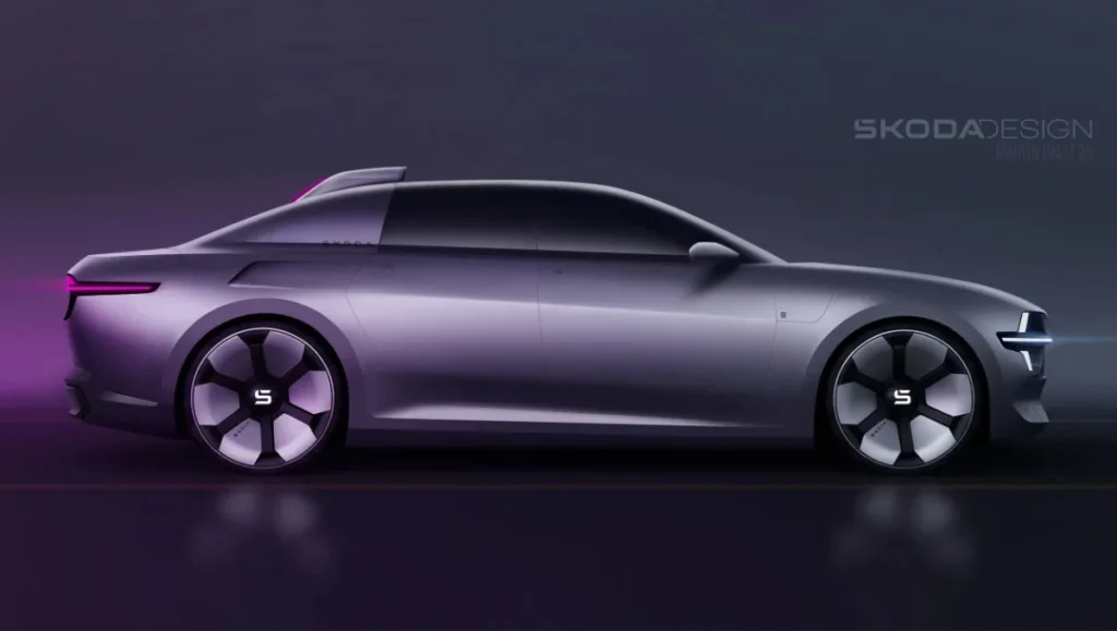Skoda 100 Concept Unveiled side profile showing futuristic EV design in purple lighting