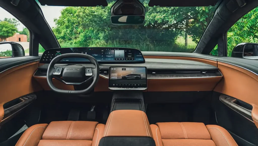 Interior cockpit view of Lucid Gravity Named Best Luxury Vehicle For 2026 with digital displays
