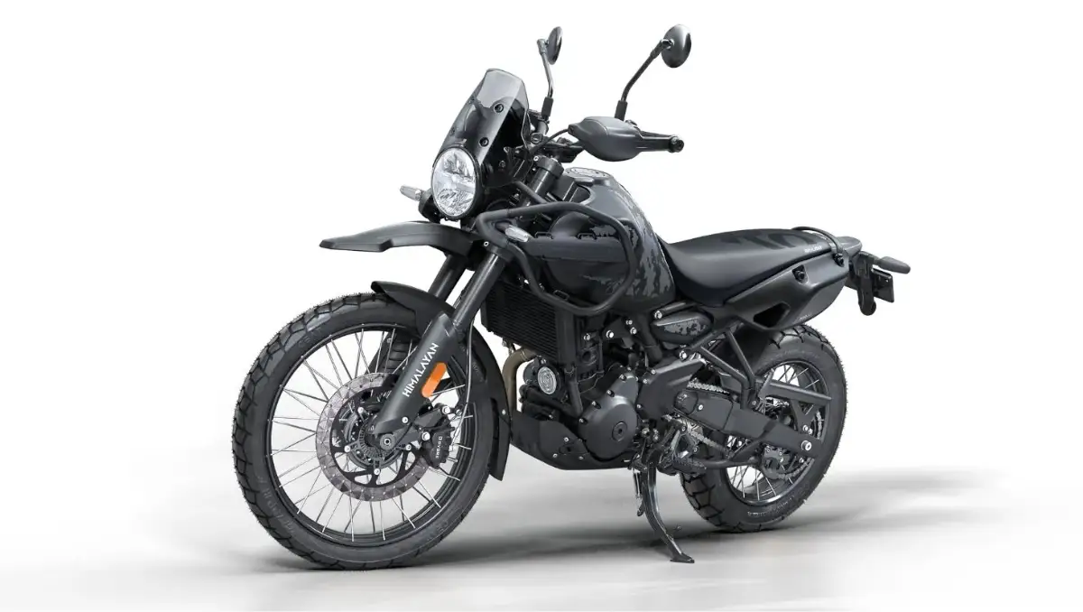 Royal Enfield Himalayan Mana Black Edition Launched motorcycle front three quarter view in stealth black