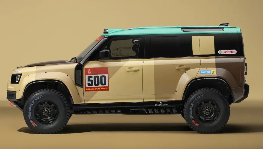 Land Rover Unveiled Dakar Rally Defender side profile showing race number and off road tyres