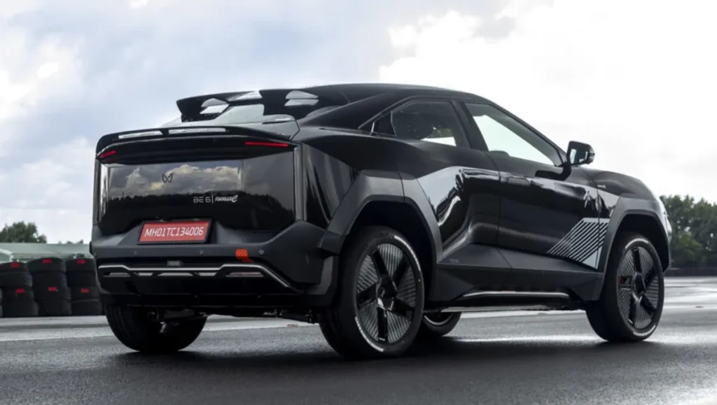 Mahindra BE 6 Formula E Edition rear three quarter view on road