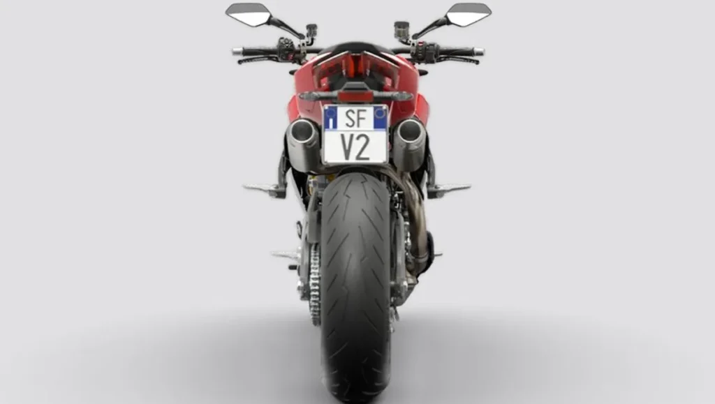Rear view of 2025 Ducati Streetfighter V2 Launched in India showing exhaust and wide tyre