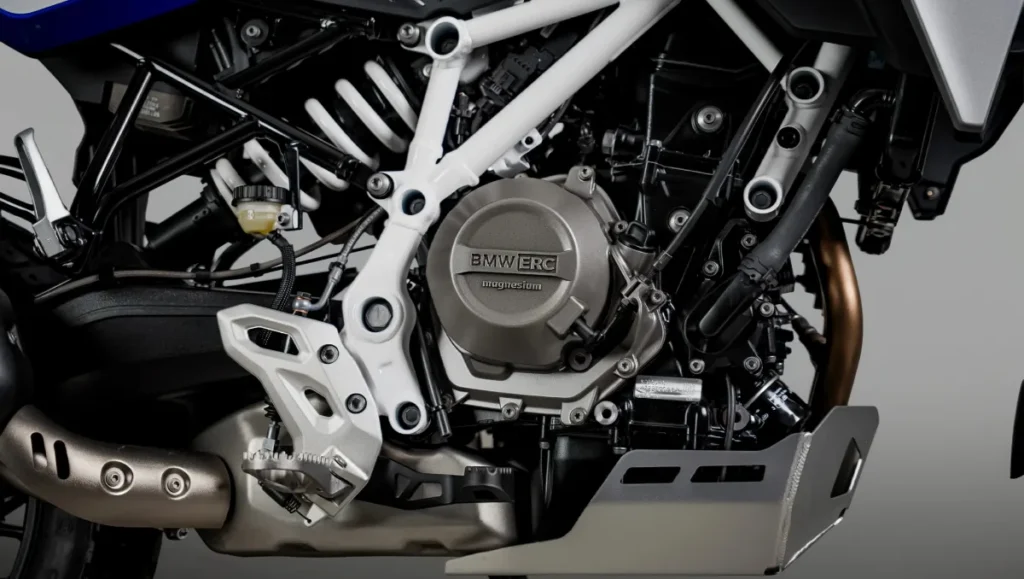 Close-up of BMW F 450 GS engine showing BMW ERC magnesium engine and frame structure.