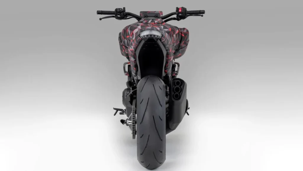 Honda V3R 900 Prototype rear view showcasing triple exhaust and compact tail design