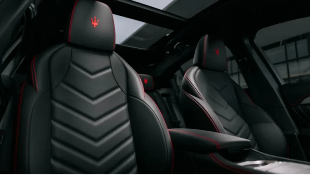 Maserati Grecale Folgore interior seats with red stitching and premium upholstery