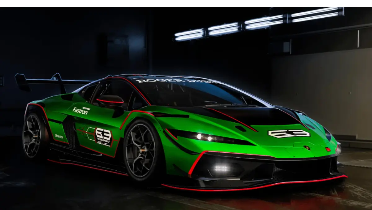 Lamborghini Temerario Super Trofeo Concept Revealed race car in green and black livery inside a garage