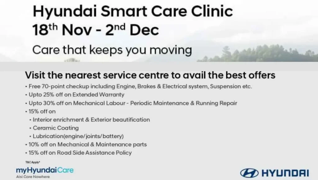 Hyundai Smart Care Clinic service benefits poster with free checkup and discount offers