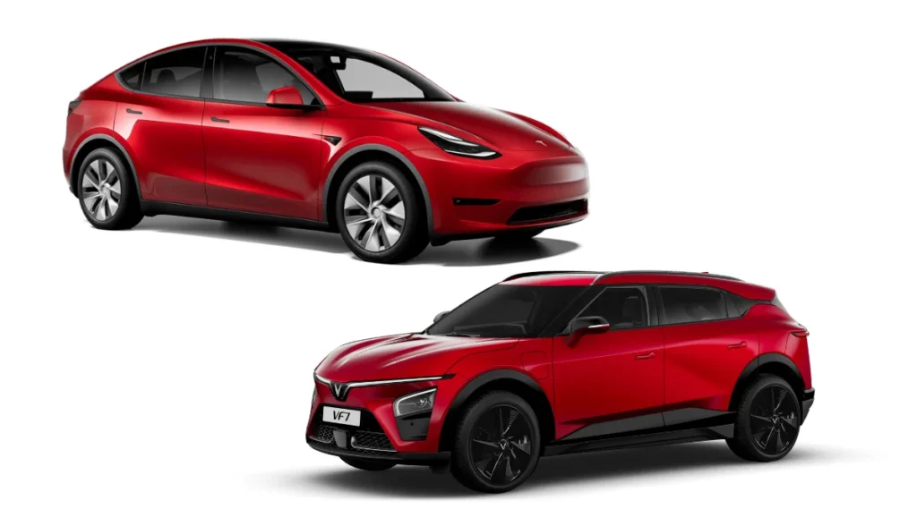 VinFast outselling Tesla in India comparison image showing VinFast VF7 and Tesla Model Y